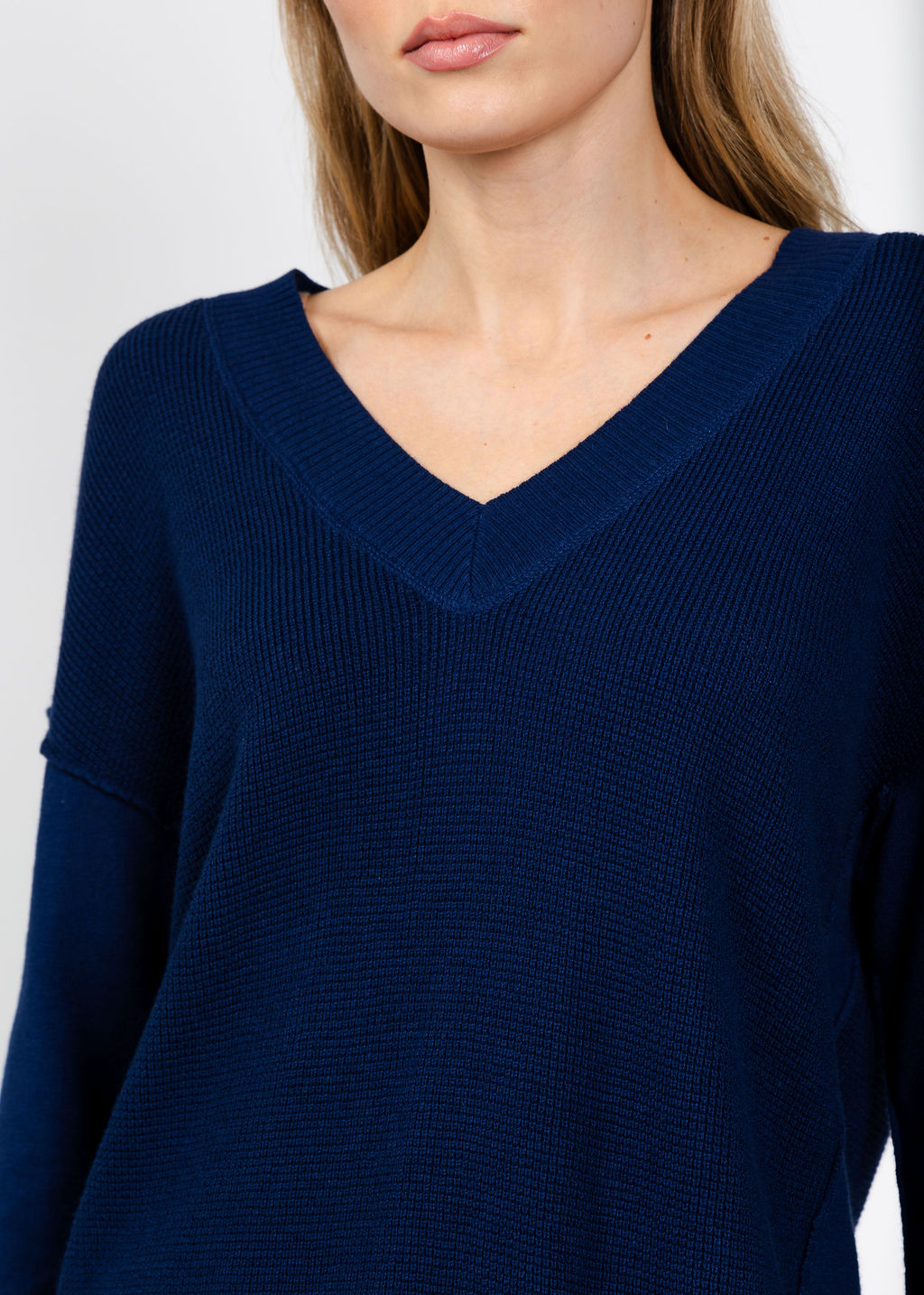 Elliott Lauren V Neck Waffle Sweater in Indigo available at Barbara Katz