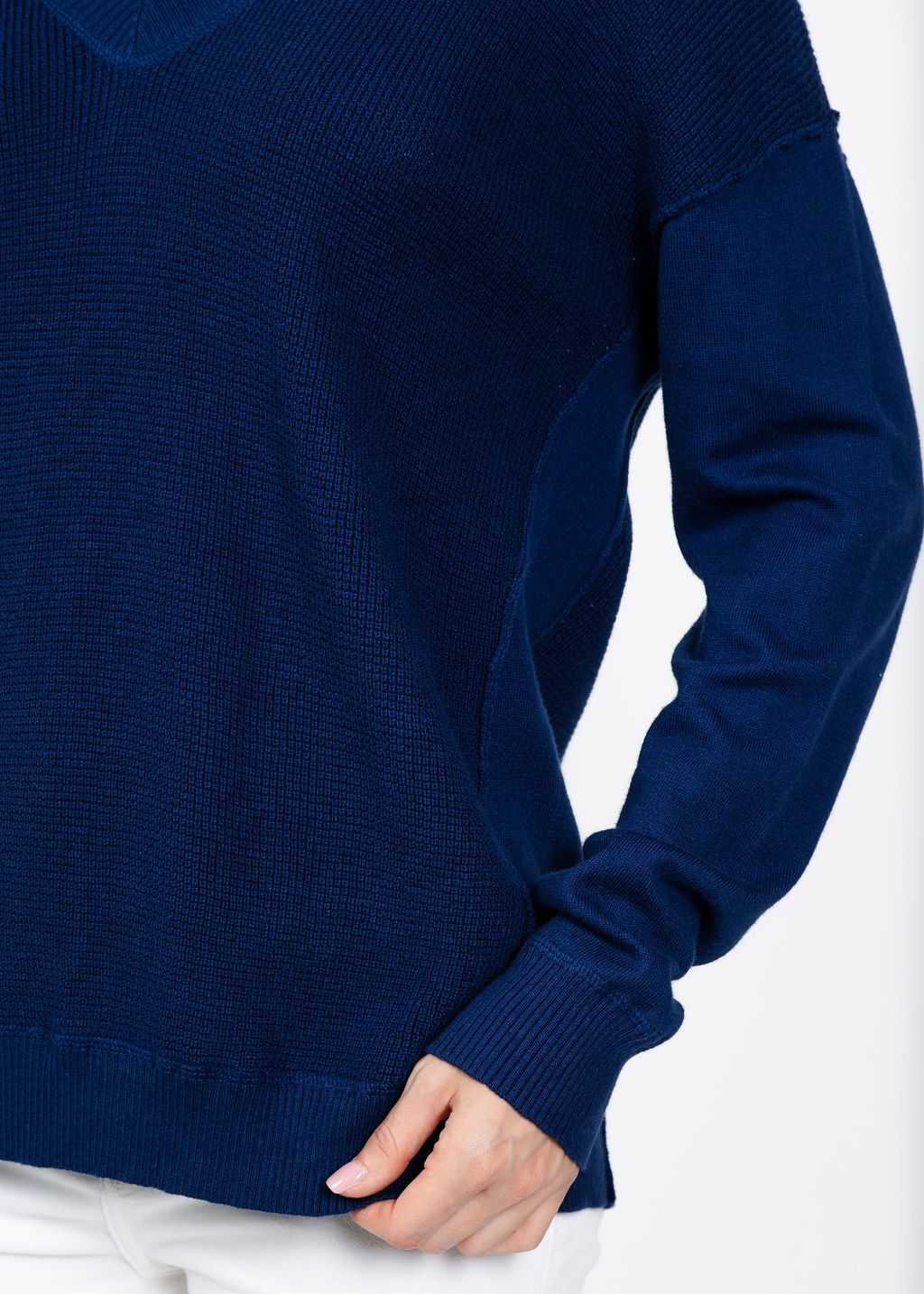 Elliott Lauren V Neck Waffle Sweater in Indigo available at Barbara Katz