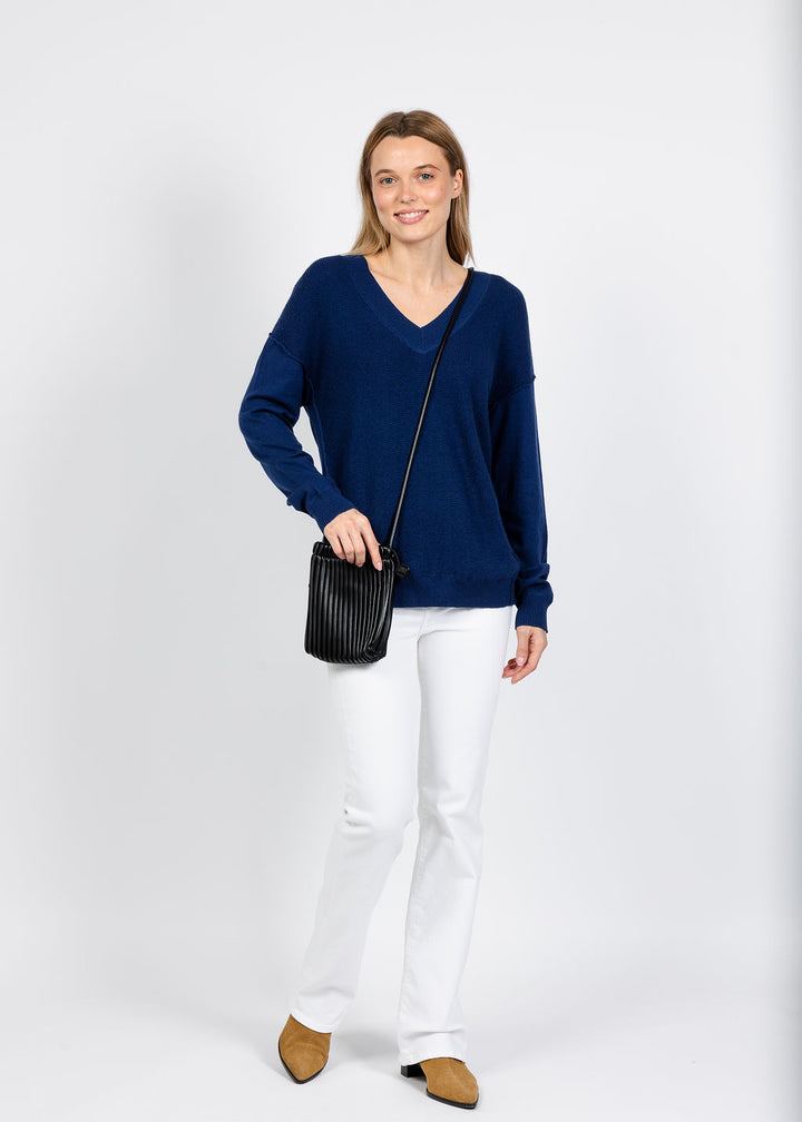 Elliott Lauren V Neck Waffle Sweater in Indigo available at Barbara Katz