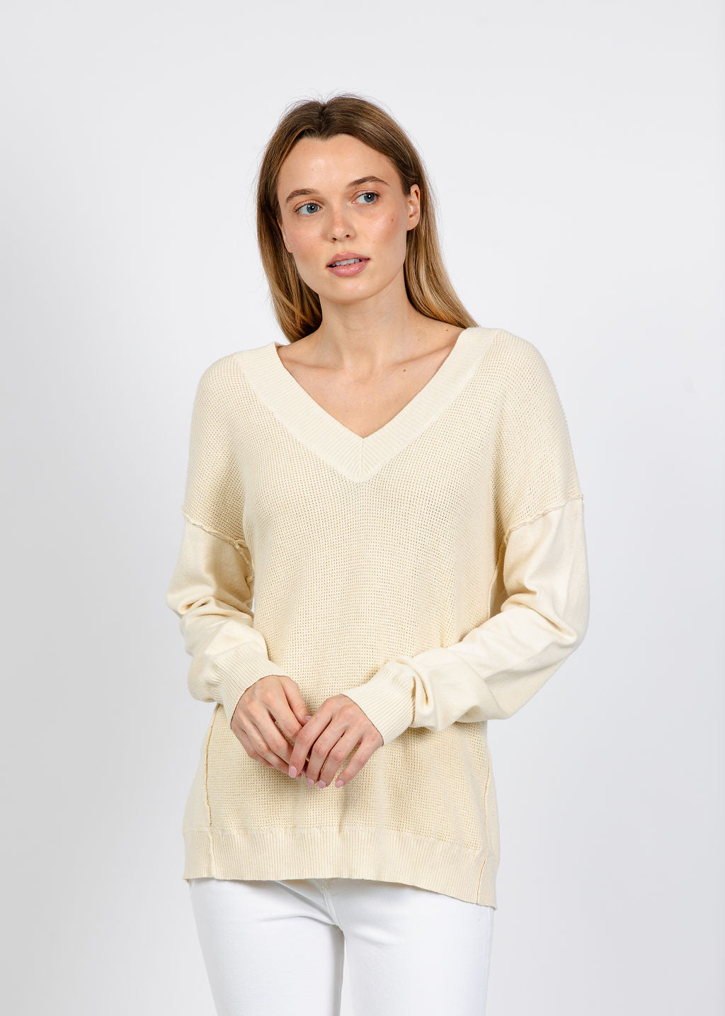 Elliott Lauren V Neck Waffle Sweater in Ivory available at Barbara Katz