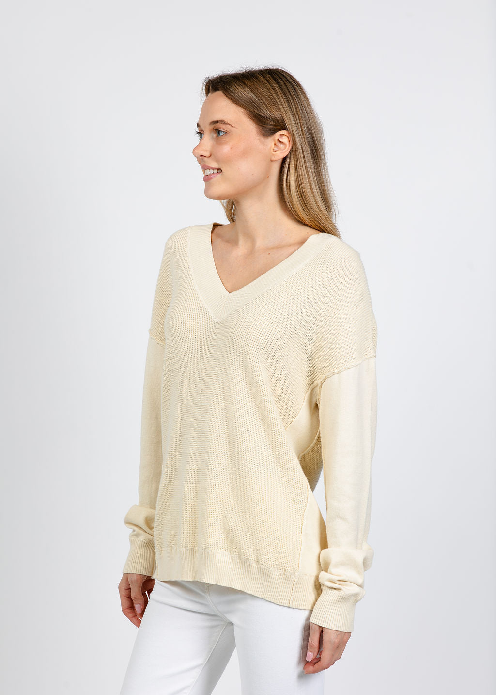 Elliott Lauren V Neck Waffle Sweater in Ivory available at Barbara Katz