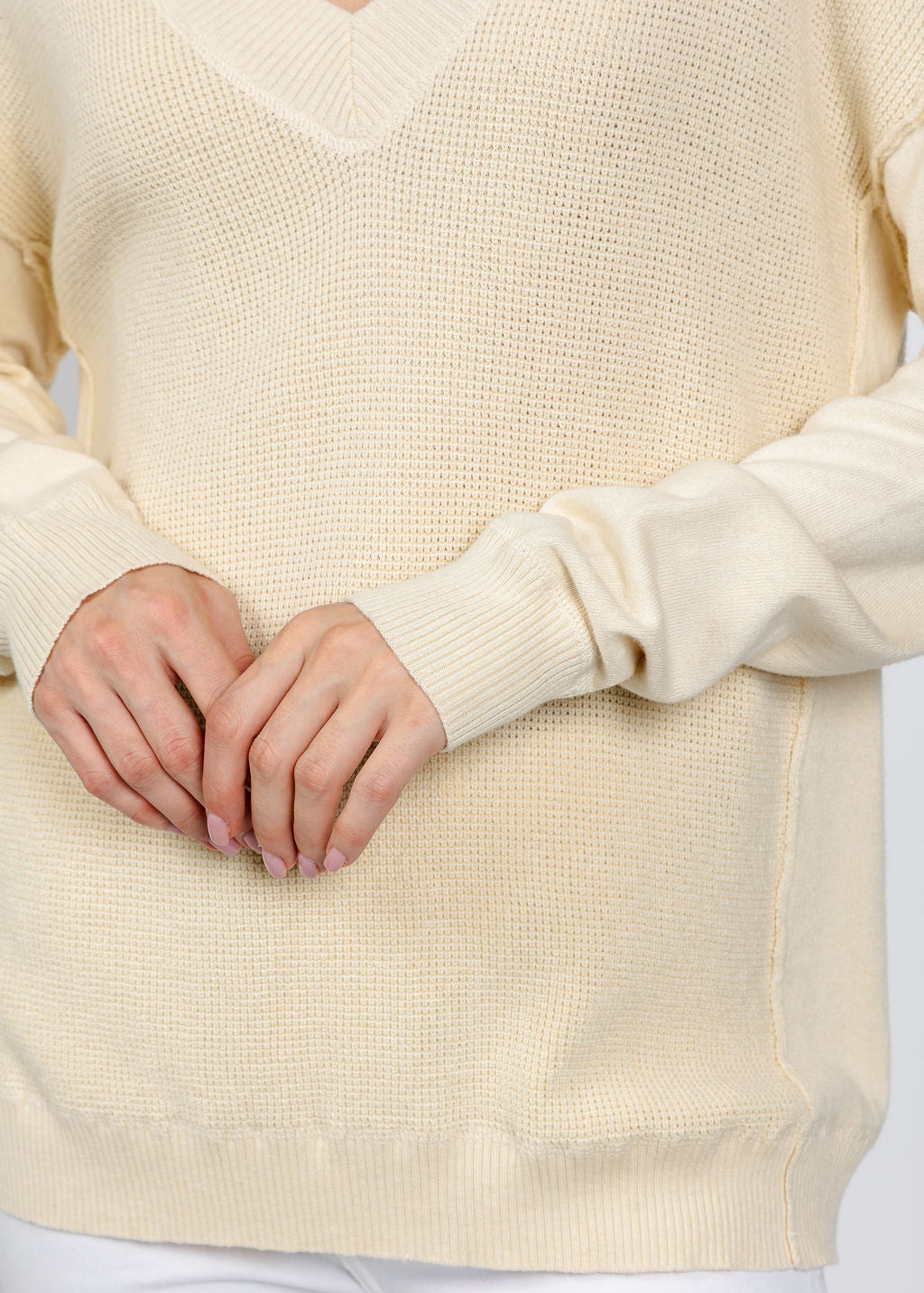 Elliott Lauren V Neck Waffle Sweater in Ivory available at Barbara Katz
