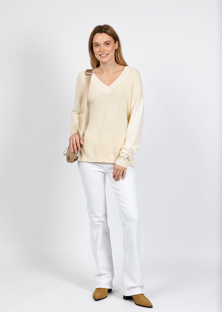 Elliott Lauren V Neck Waffle Sweater in Ivory available at Barbara Katz