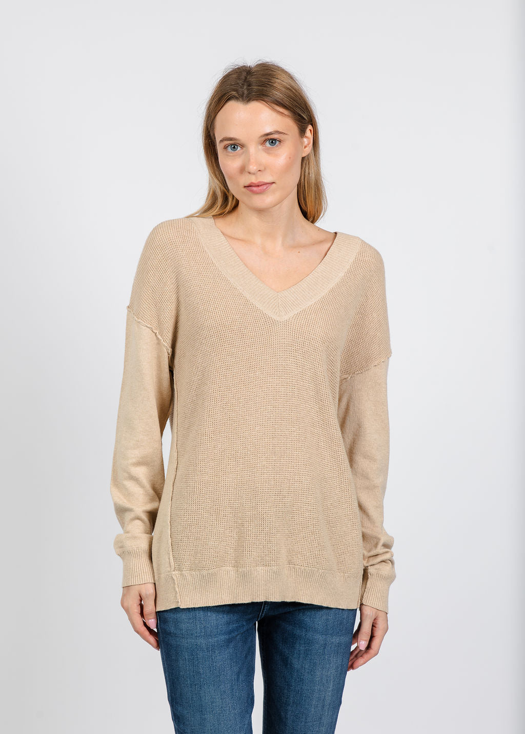 Elliott Lauren V Neck Waffle Sweater in Oatmeal available at Barbara Katz
