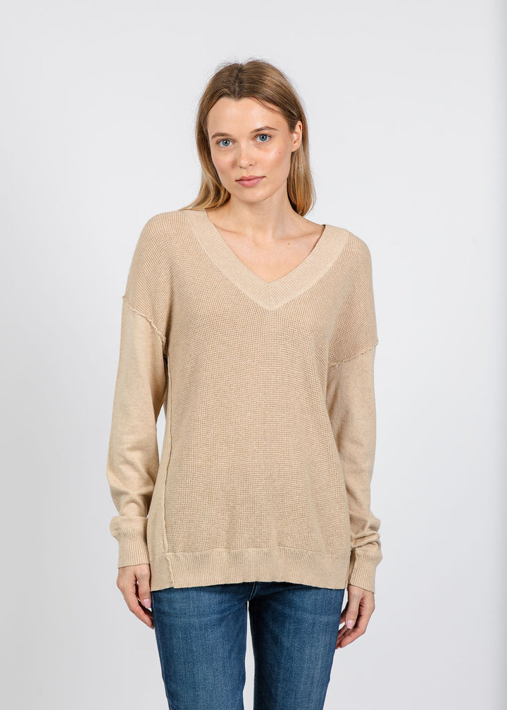 Elliott Lauren V Neck Waffle Sweater in Oatmeal available at Barbara Katz