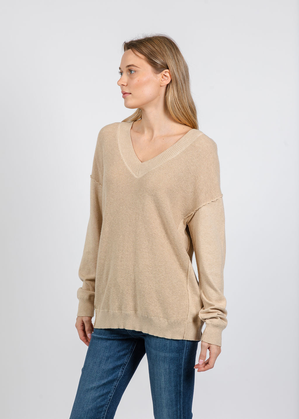 Elliott Lauren V Neck Waffle Sweater in Oatmeal available at Barbara Katz