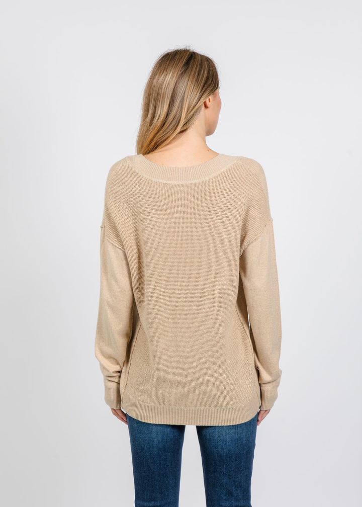 Elliott Lauren V Neck Waffle Sweater in Oatmeal available at Barbara Katz