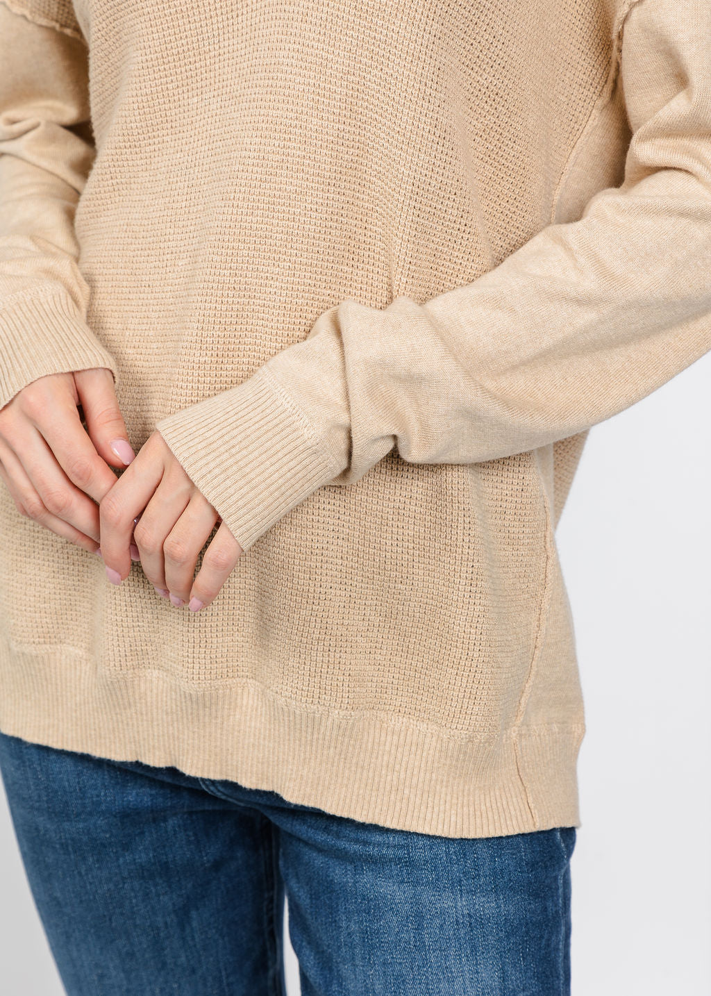 Elliott Lauren V Neck Waffle Sweater in Oatmeal available at Barbara Katz