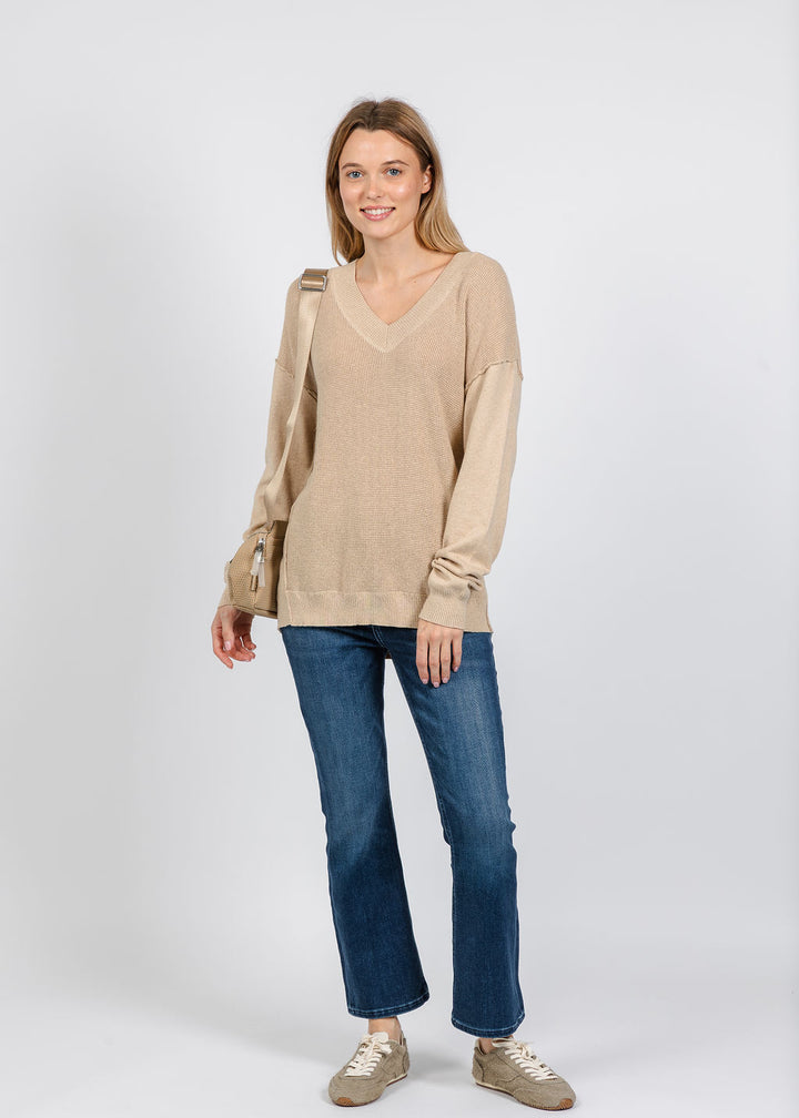 Elliott Lauren V Neck Waffle Sweater in Oatmeal available at Barbara Katz