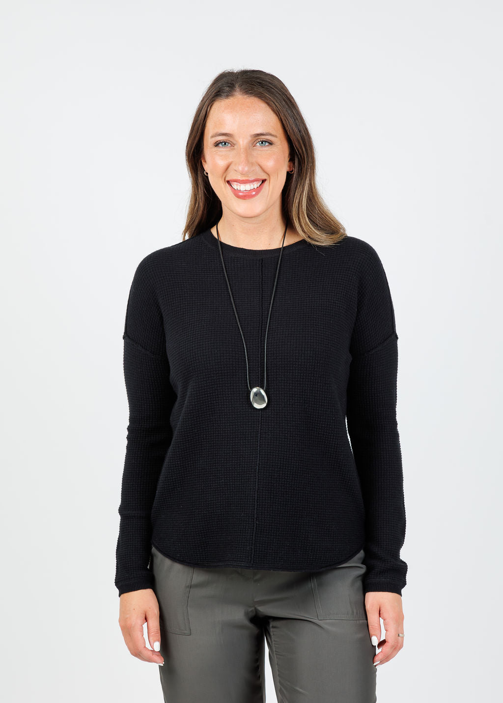 Elliott Lauren Waffle Crew Sweater in Black available at Barbara Katz