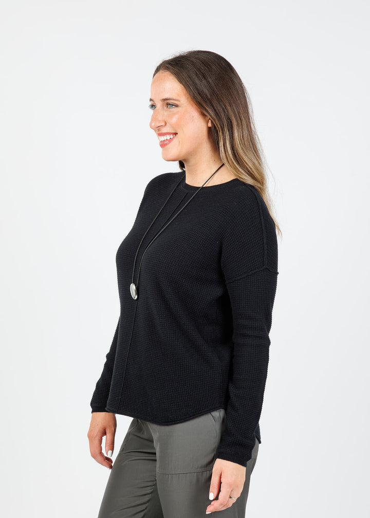 Elliott Lauren Waffle Crew Sweater in Black available at Barbara Katz