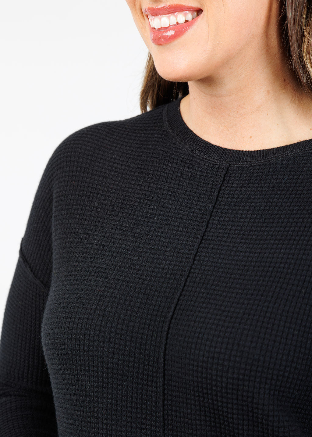Elliott Lauren Waffle Crew Sweater in Black available at Barbara Katz