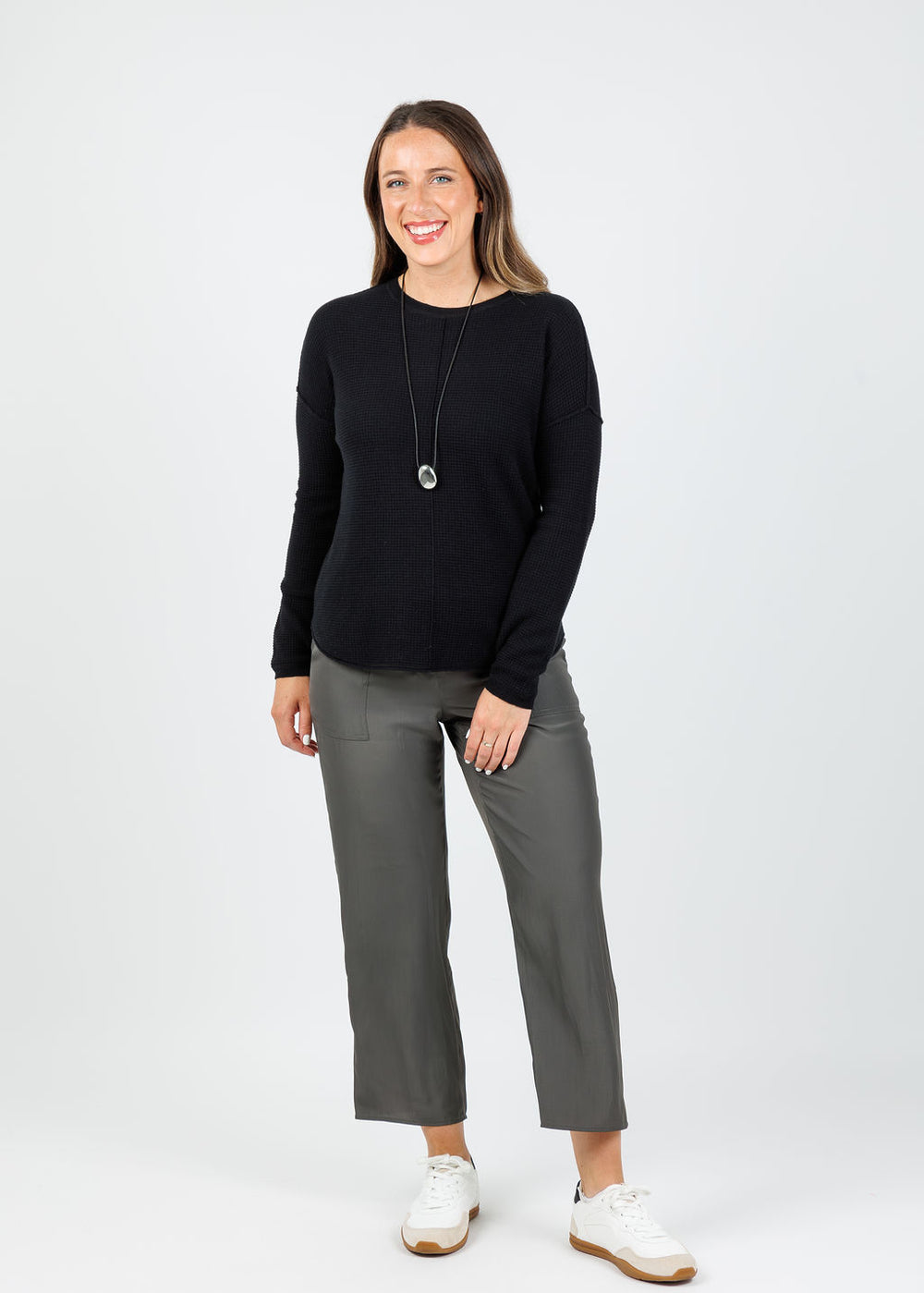 Elliott Lauren Waffle Crew Sweater in Black available at Barbara Katz