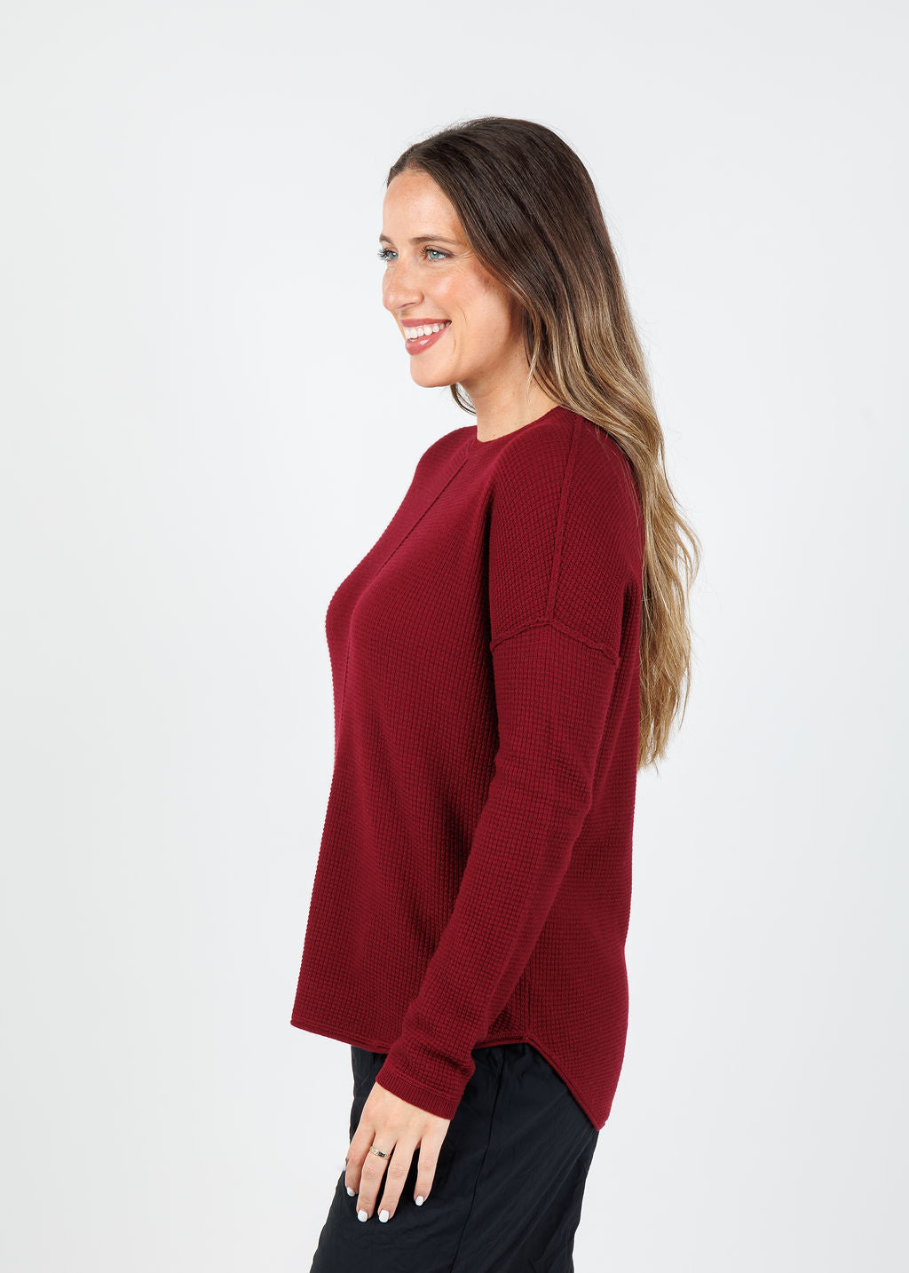 Elliott Lauren Waffle Crew Sweater in Bloodstone available at Barbara Katz