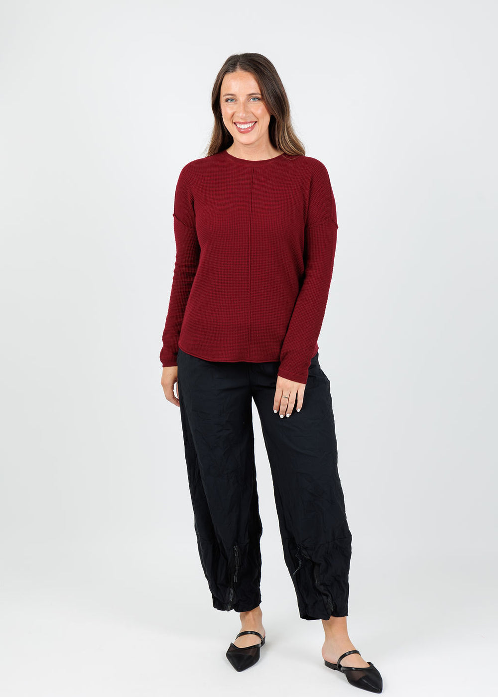 Elliott Lauren Waffle Crew Sweater in Bloodstone available at Barbara Katz
