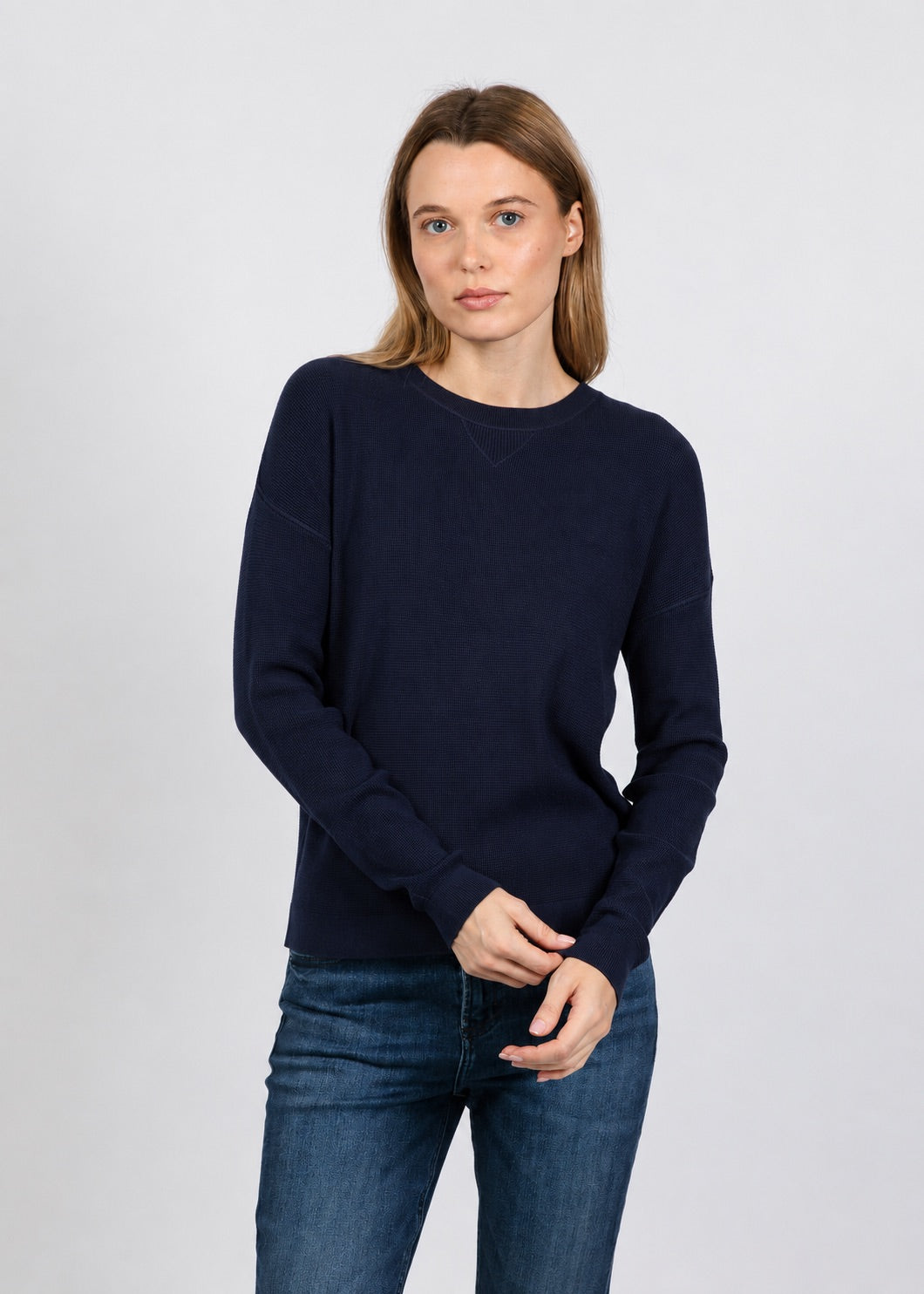 Elliott Lauren Waffle Stitch Crew Neck Sweater in Navy available at Barbara Katz