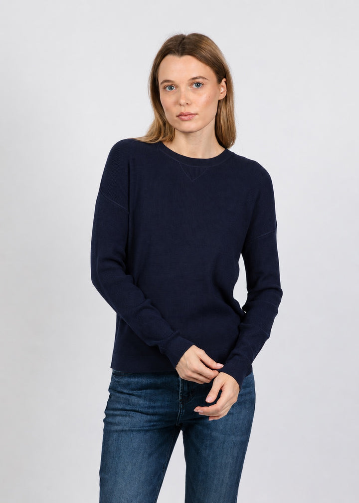 Elliott Lauren Waffle Stitch Crew Neck Sweater in Navy available at Barbara Katz