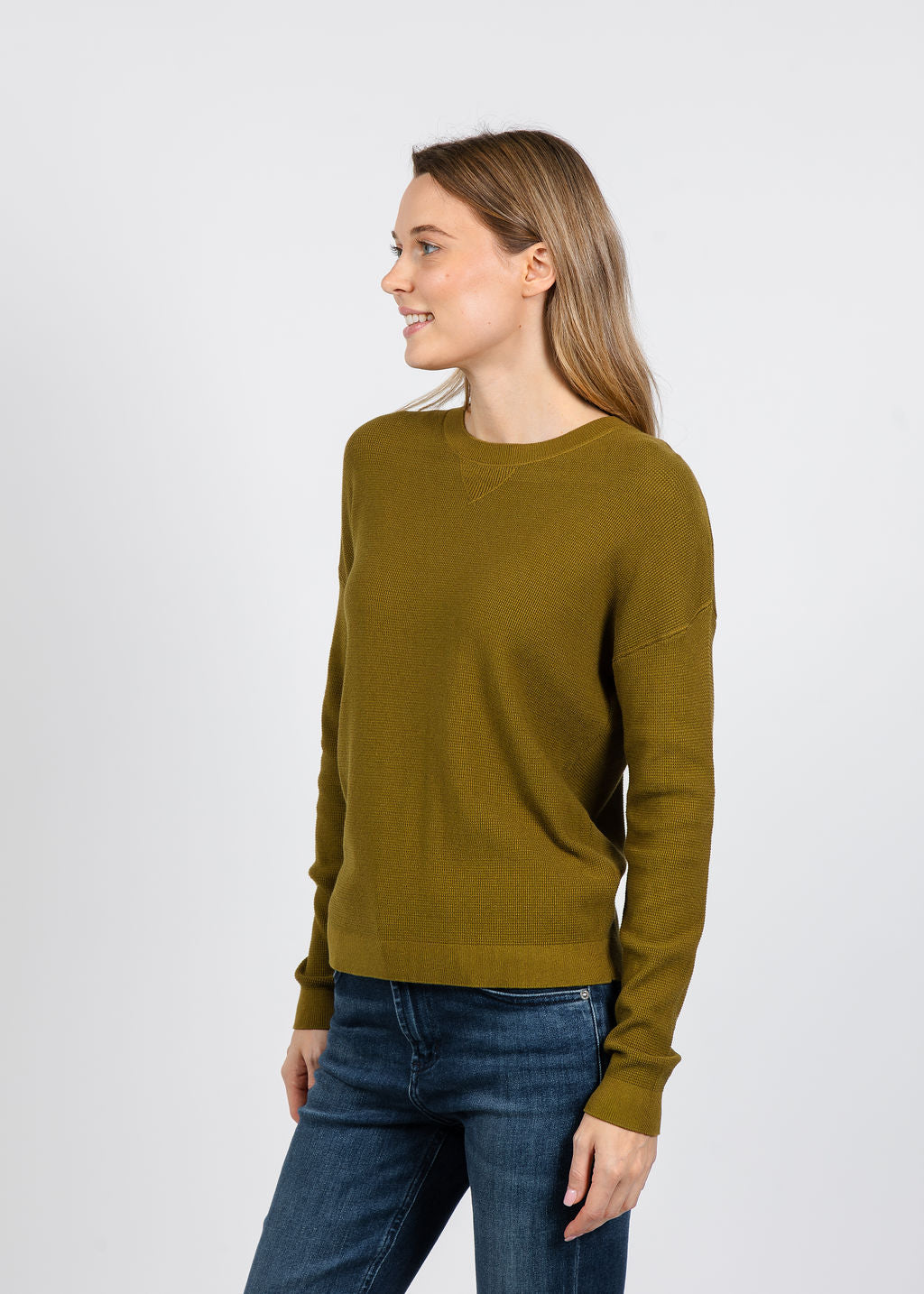 Elliott Lauren Waffle Stitch Crew Neck Sweater in Olive available at Barbara Katz