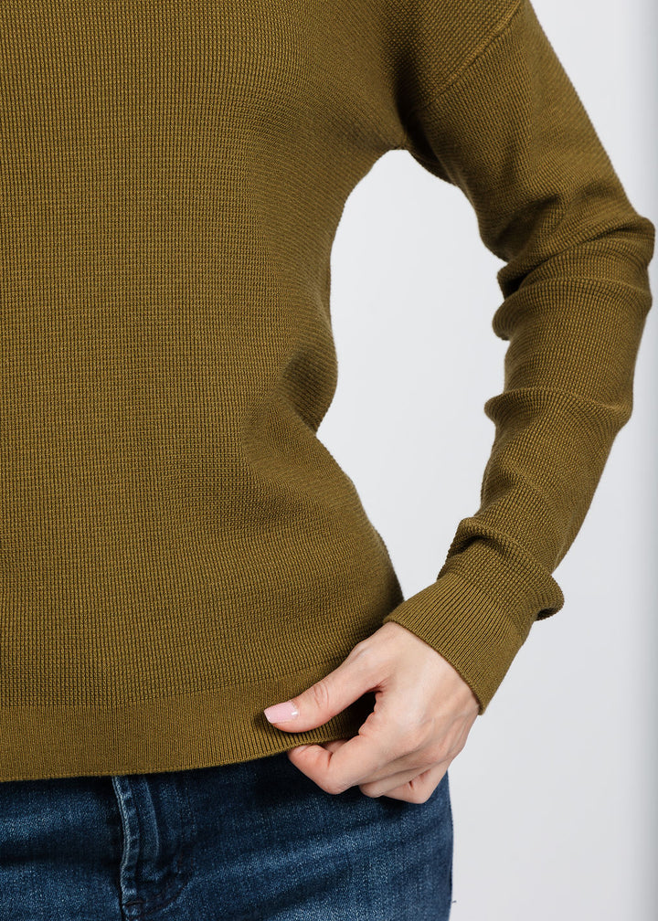 Elliott Lauren Waffle Stitch Crew Neck Sweater in Olive available at Barbara Katz