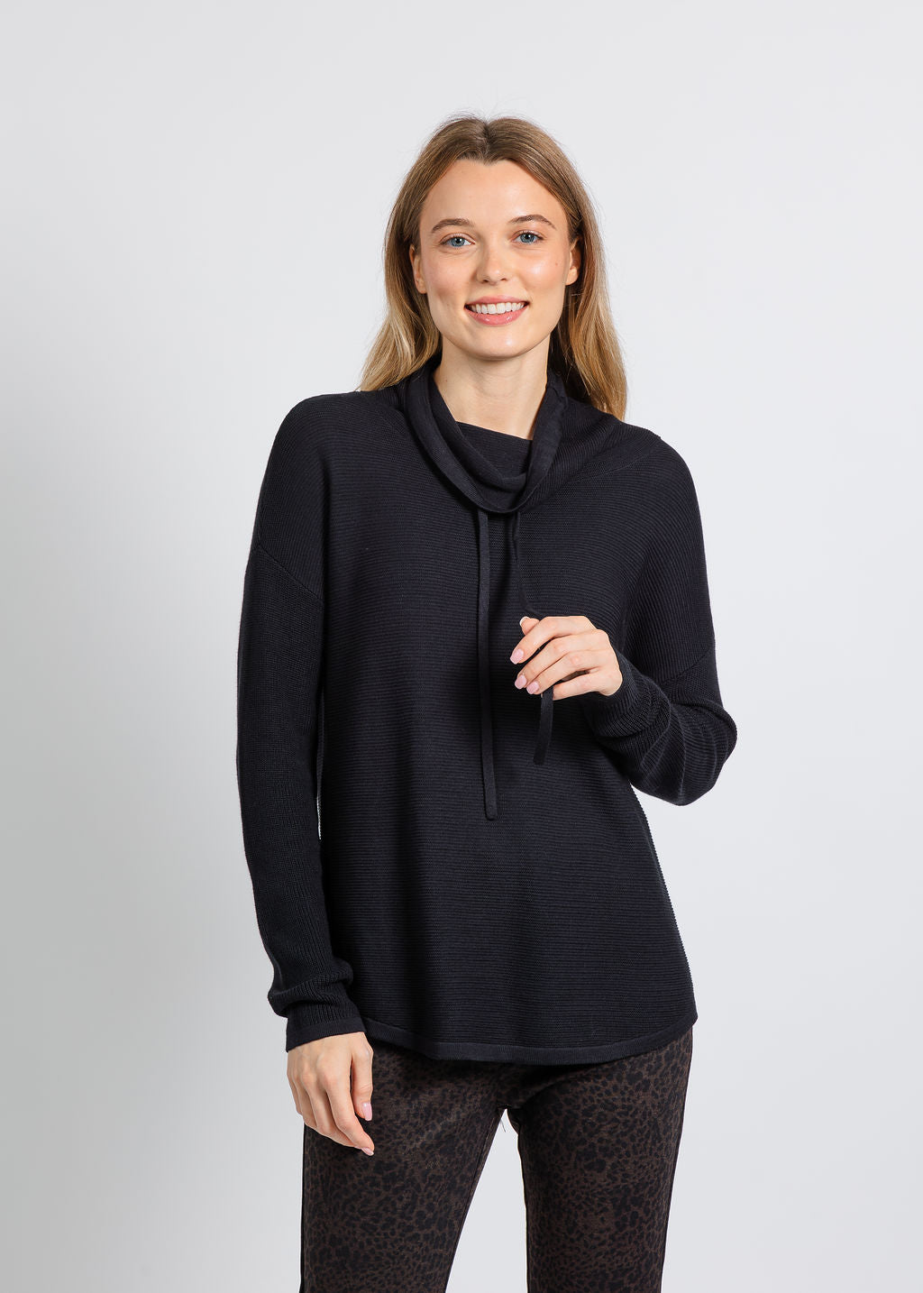 Elliott Lauren Waffle Stitch Funnel Neck Sweater in Black available at Barbara Katz