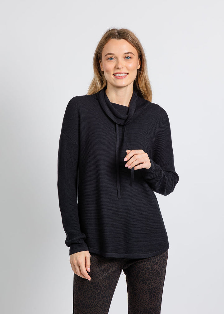 Elliott Lauren Waffle Stitch Funnel Neck Sweater in Black available at Barbara Katz