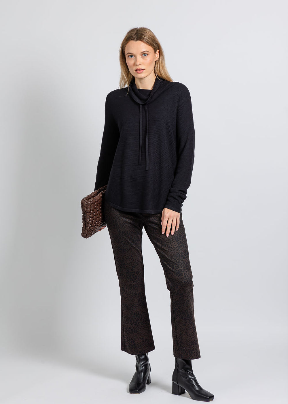 Elliott Lauren Waffle Stitch Funnel Neck Sweater in Black paired with Elliott Lauren Leopard Print Bootcut Pull-On Pant in Chocolate available at Barbara Katz