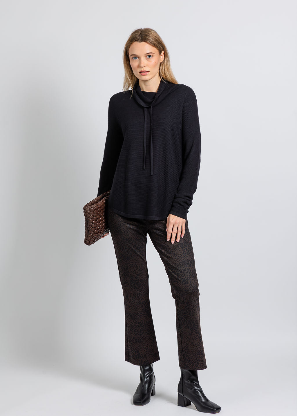 Elliott Lauren Waffle Stitch Funnel Neck Sweater in Black paired with Elliott Lauren Leopard Print Bootcut Pull-On Pant in Chocolate available at Barbara Katz
