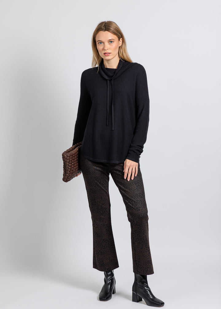 Elliott Lauren Waffle Stitch Funnel Neck Sweater in Black paired with Elliott Lauren Leopard Print Bootcut Pull-On Pant in Chocolate available at Barbara Katz