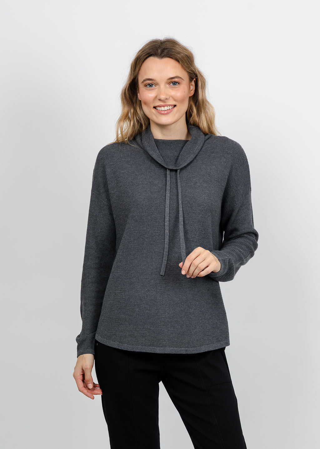 Elliott Lauren Waffle Stitch Funnel Neck Sweater in Charcoal available at Barbara Katz
