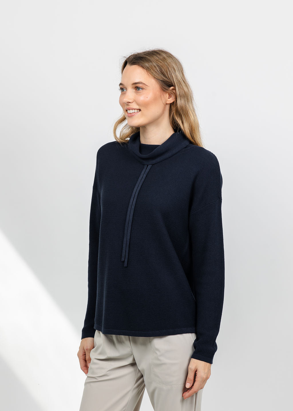 Elliott Lauren Waffle Stitch Funnel Neck Sweater in Navy available at Barbara Katz