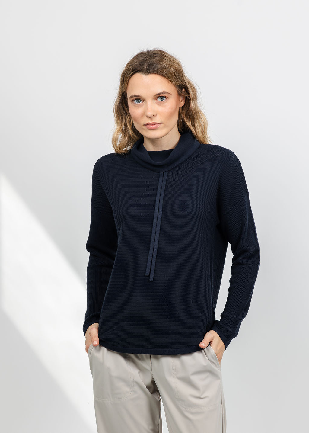 Elliott Lauren Waffle Stitch Funnel Neck Sweater in Navy available at Barbara Katz