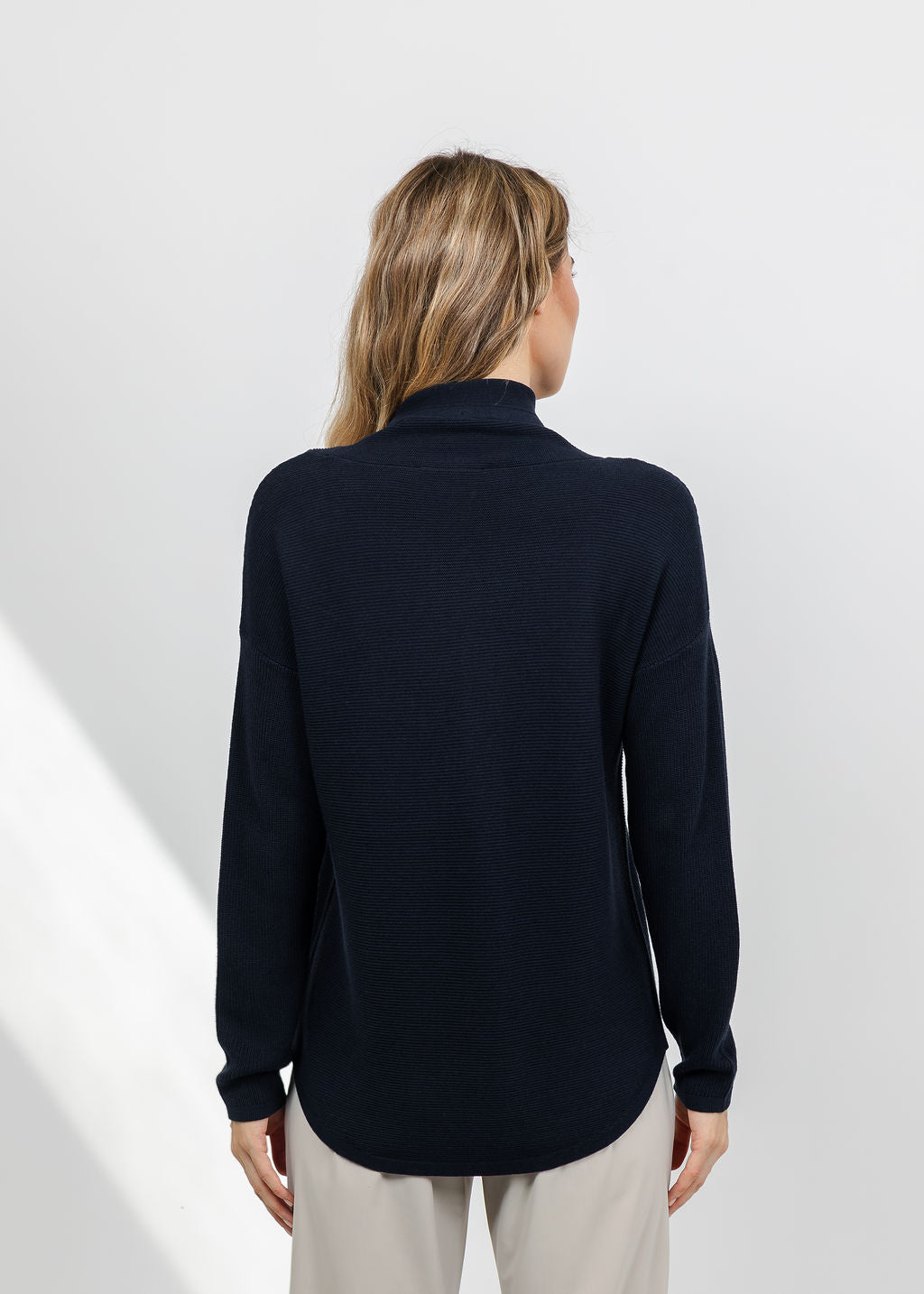 Elliott Lauren Waffle Stitch Funnel Neck Sweater in Navy available at Barbara Katz