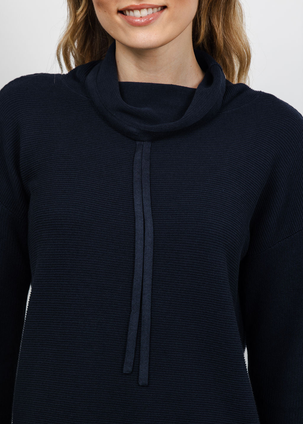 Elliott Lauren Waffle Stitch Funnel Neck Sweater in Navy available at Barbara Katz
