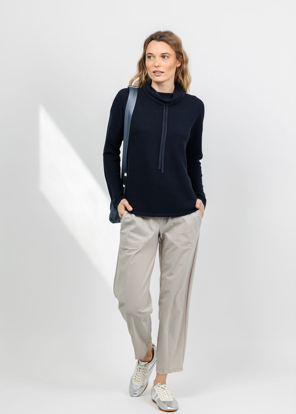 Elliott Lauren Waffle Stitch Funnel Neck Sweater in Navy available at Barbara Katz