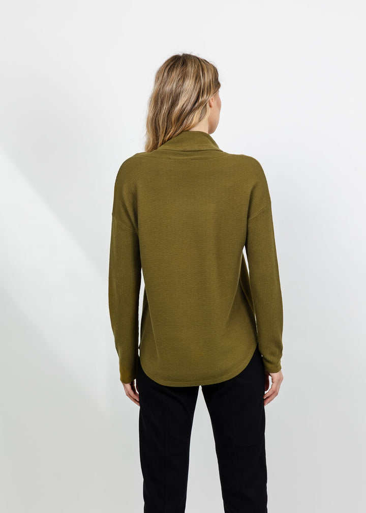 Elliott Lauren Waffle Stitch Funnel Neck Sweater in Olive available at Barbara Katz