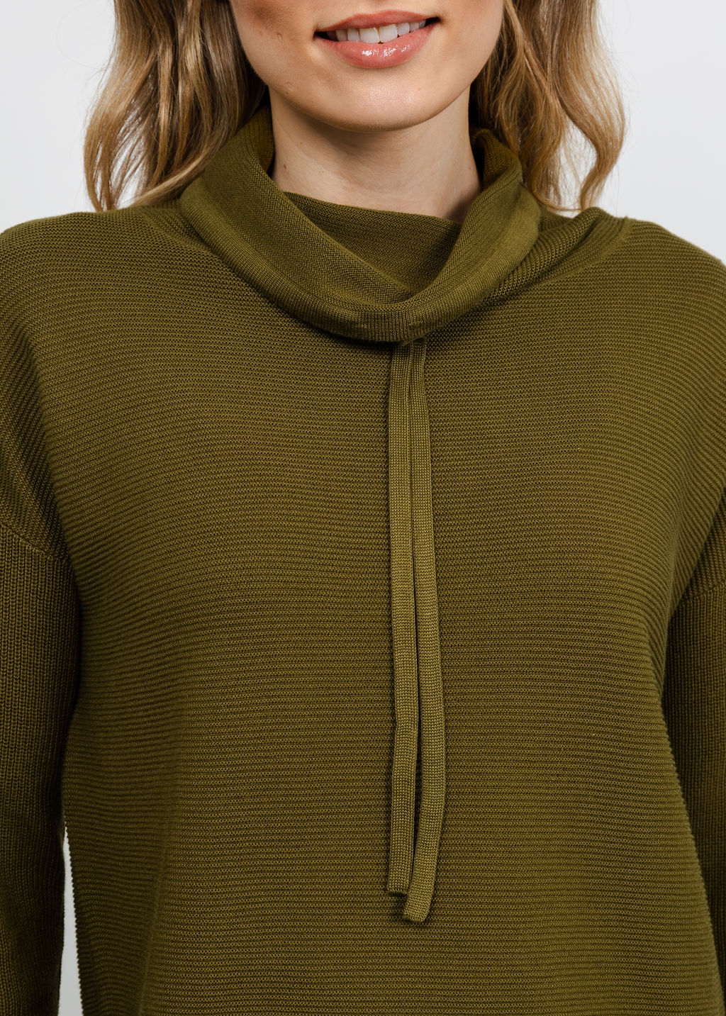 Elliott Lauren Waffle Stitch Funnel Neck Sweater in Olive available at Barbara Katz
