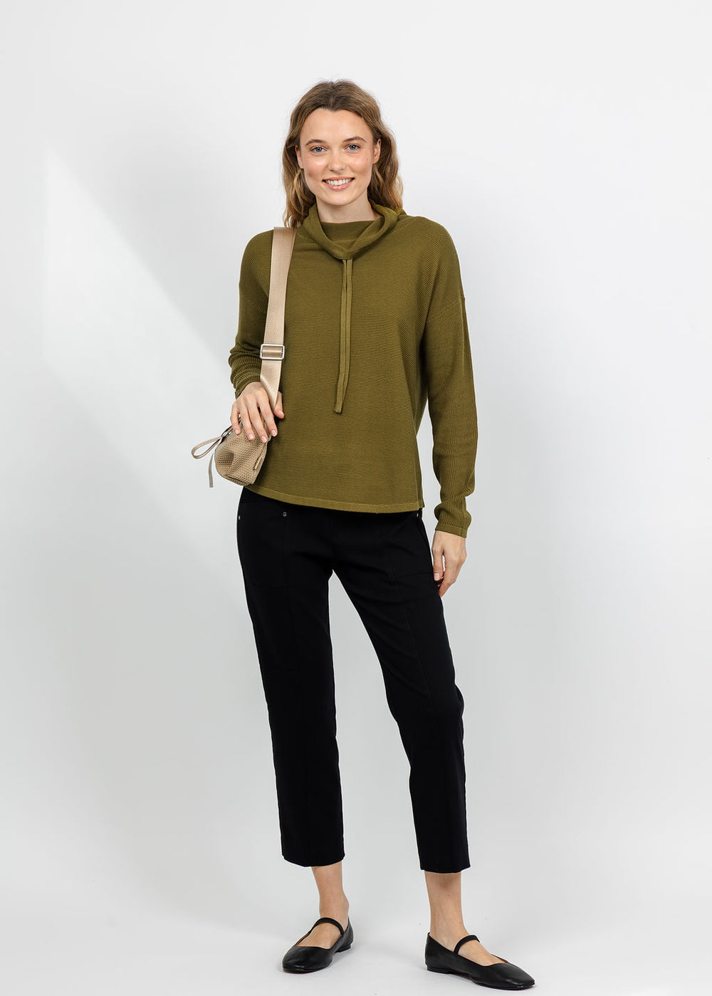 Elliott Lauren Waffle Stitch Funnel Neck Sweater in Olive available at Barbara Katz