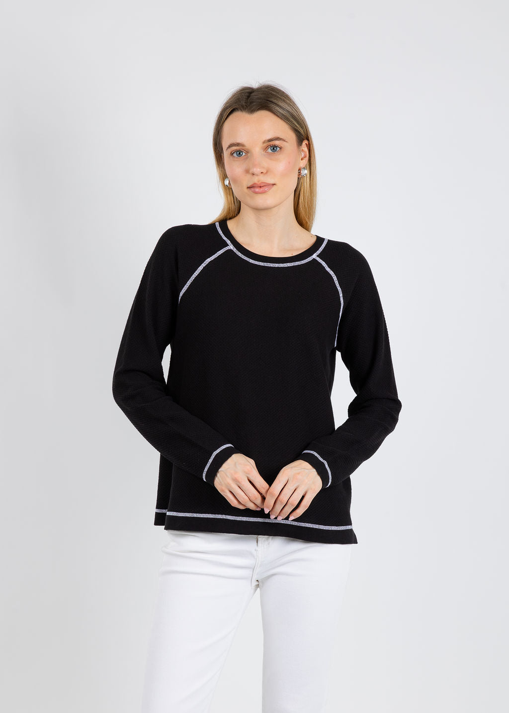 Elliott Lauren Waffle Stitch Raglan Sweater in Black available at Barbara Katz