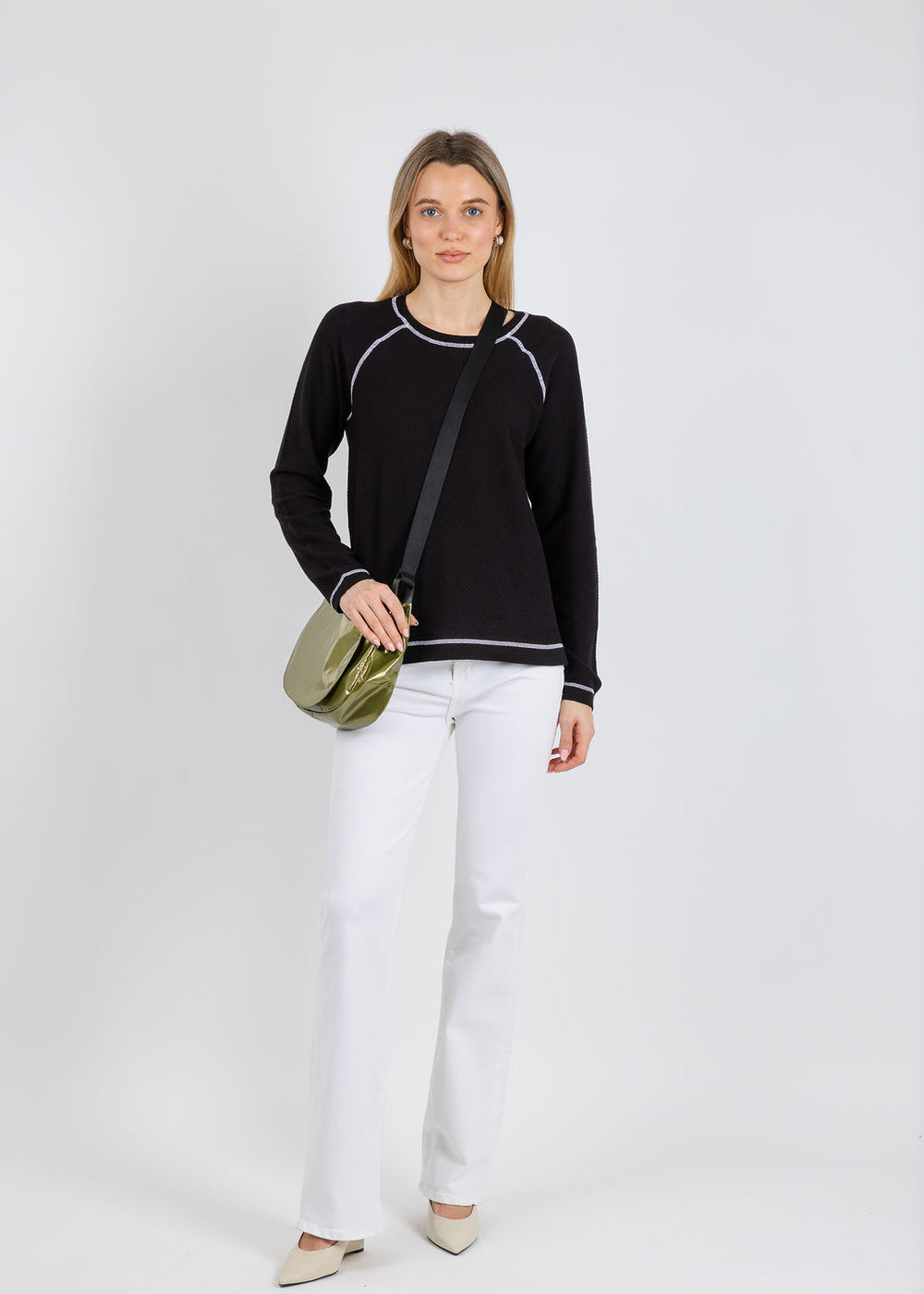 Elliott Lauren Waffle Stitch Raglan Sweater in Black available at Barbara Katz