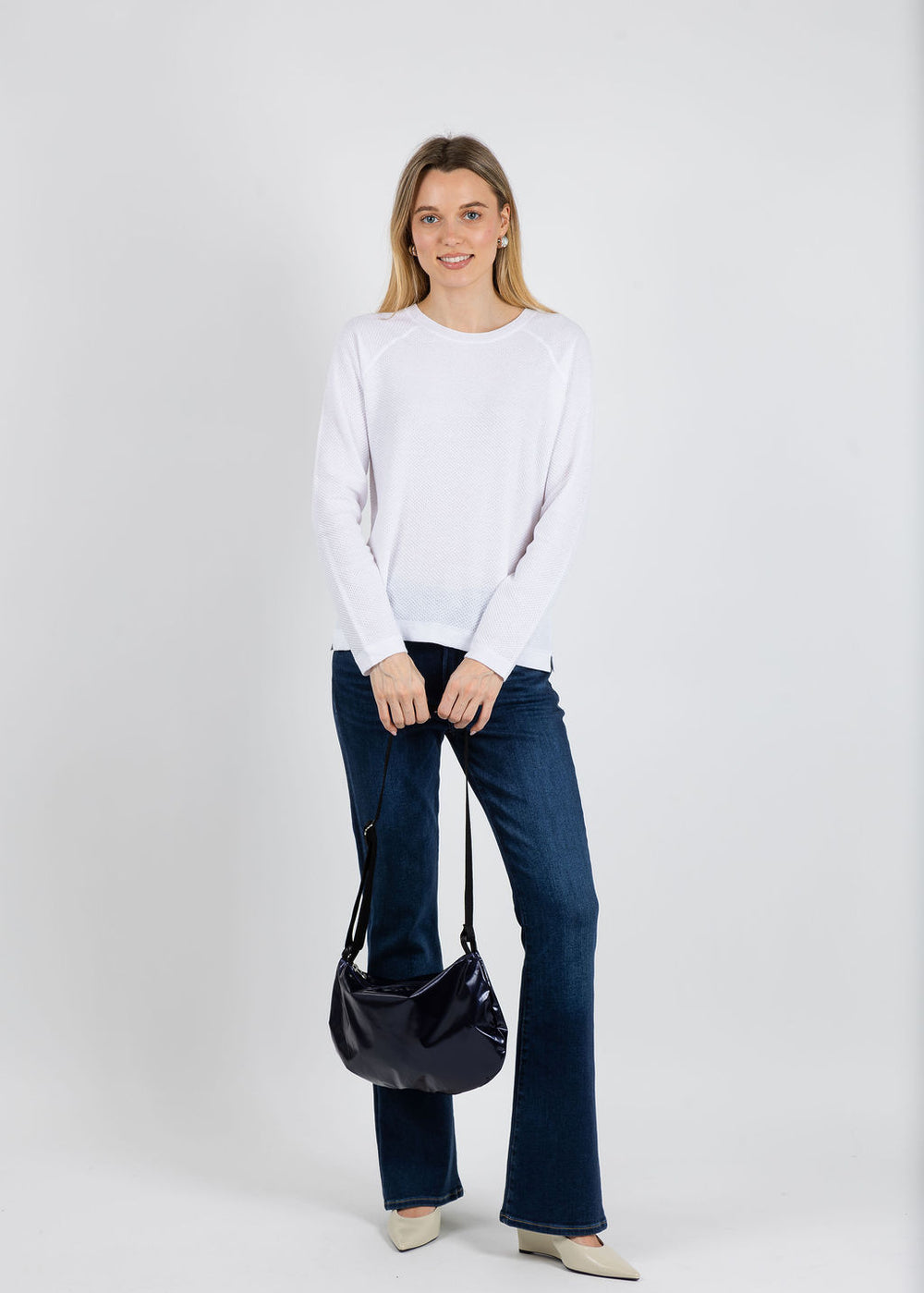 Elliott Lauren Waffle Stitch Raglan Sweater in White available at Barbara Katz