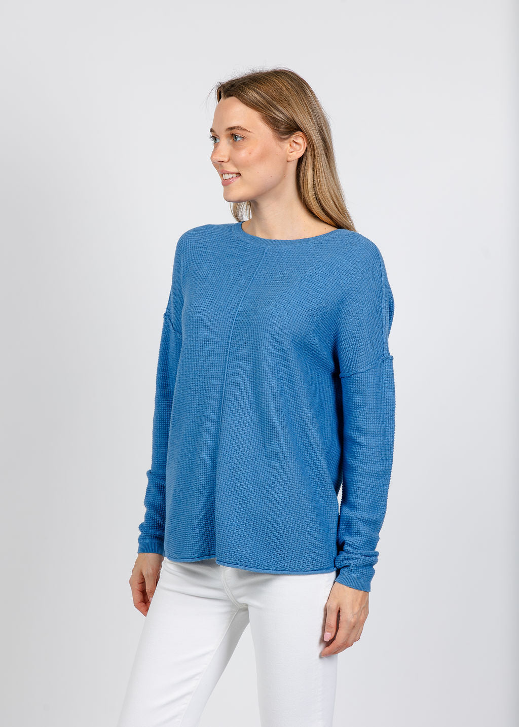 Elliott Lauren Waffle Stitch Sweater in Blue available at Barbara Katz