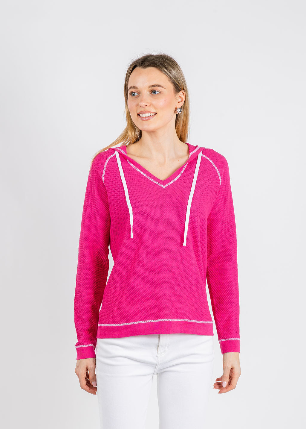 Elliott Lauren Waffle Stitch V-Neck Hoodie in Pink available at Barbara Katz