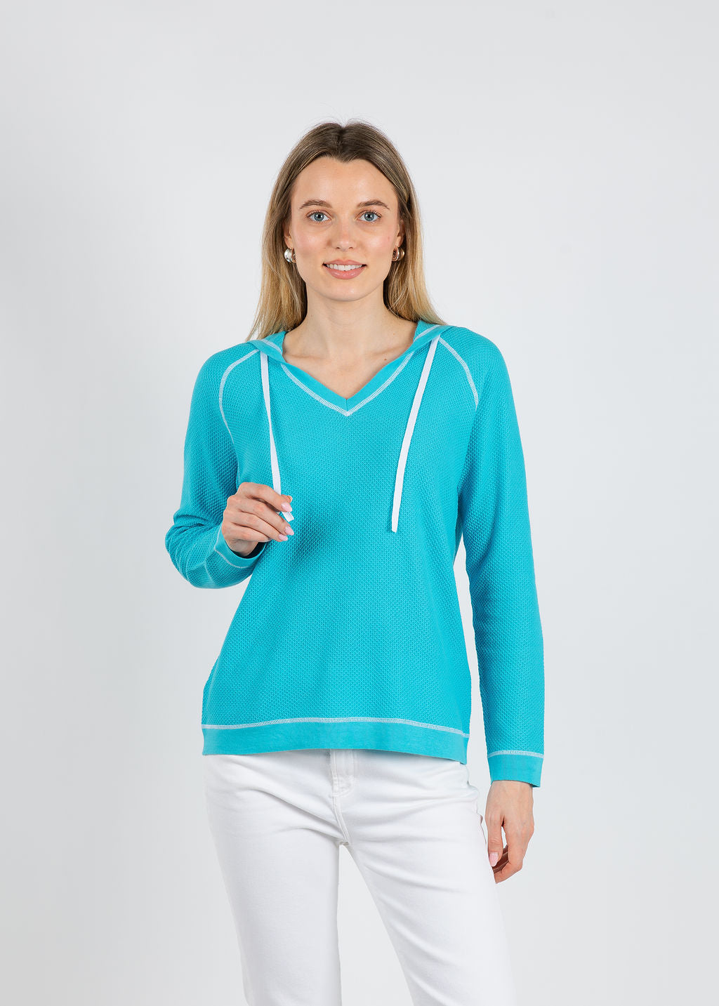 Elliott Lauren Waffle Stitch V-Neck Hoodie in Turquoise available at Barbara Katz