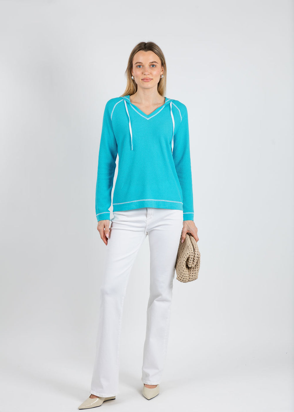 Elliott Lauren Waffle Stitch V-Neck Hoodie in Turquoise available at Barbara Katz