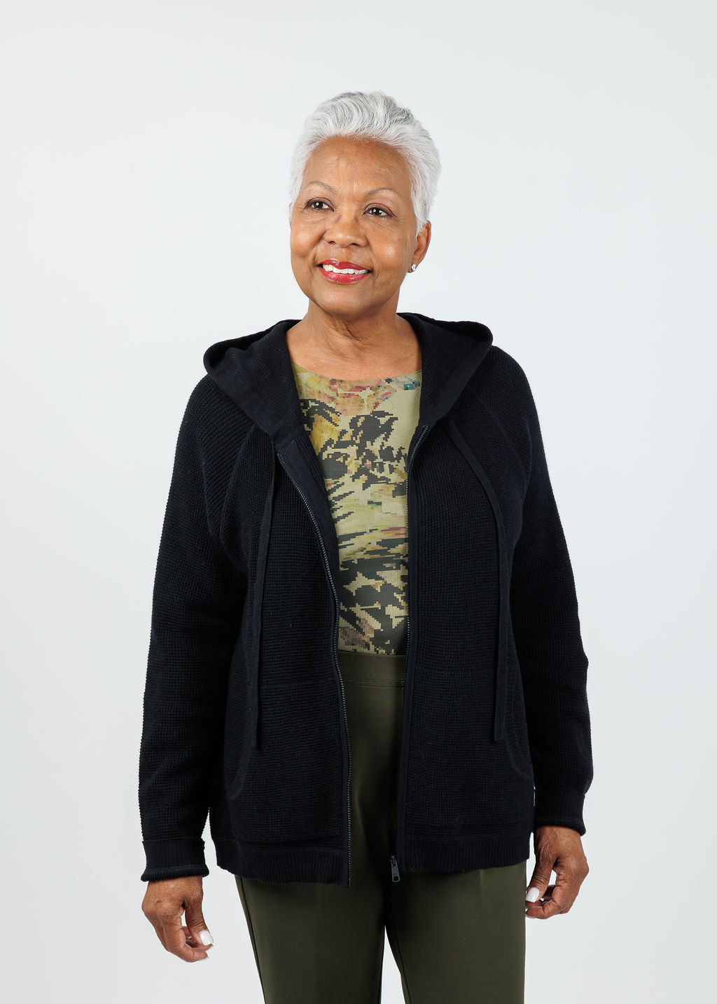 Elliott Lauren Waffle Zip Hoodie in Black available at Barbara Katz