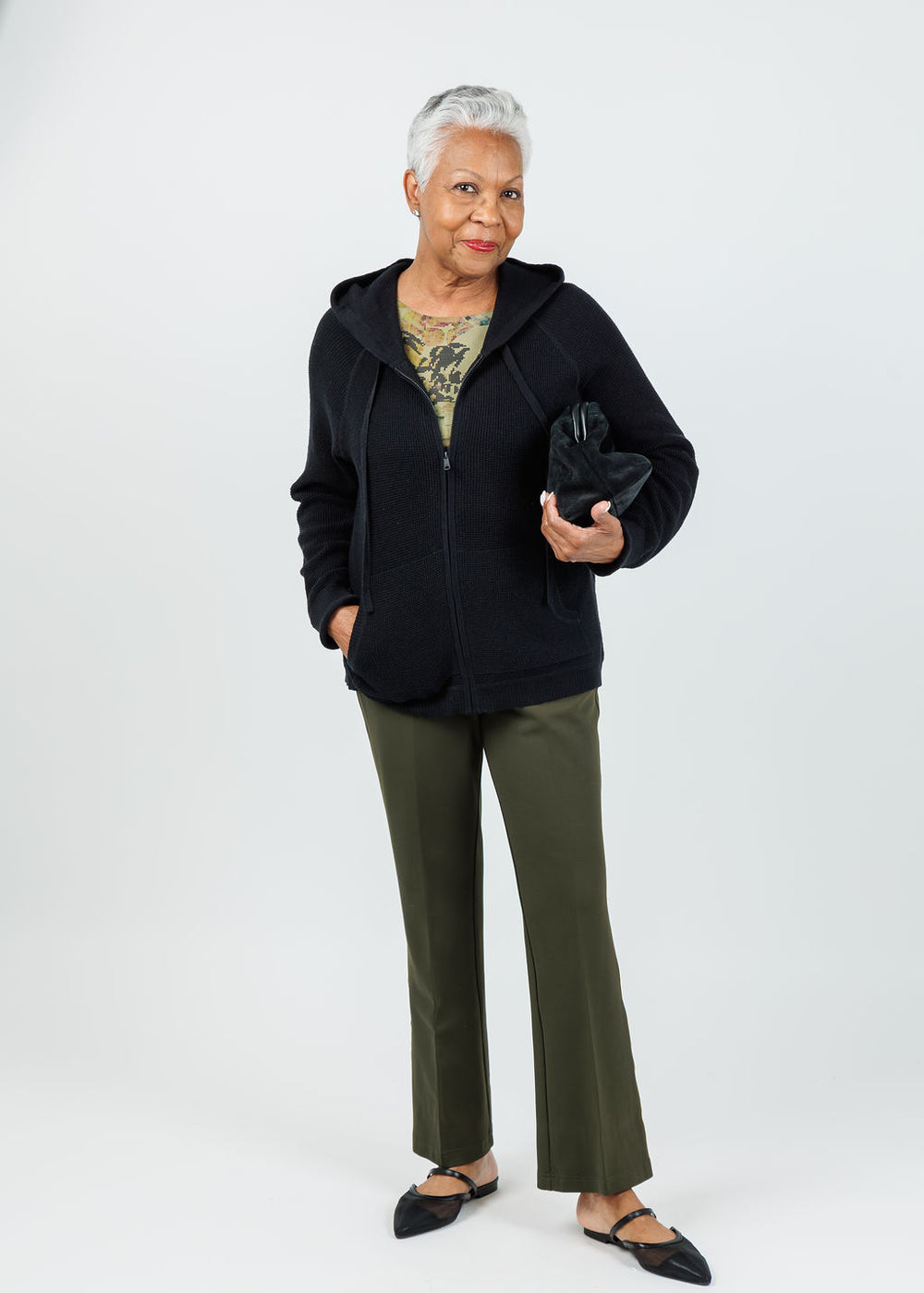 Elliott Lauren Waffle Zip Hoodie in Black paired with Peace of Cloth Ella Paramount Knit Pants in Olive available at Barbara Katz