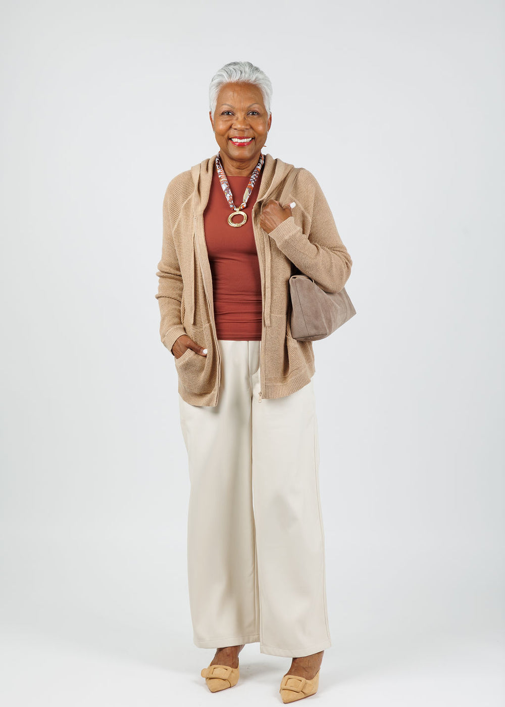 Elliott Lauren Waffle Zip Hoodie in Wheat paired with Melissa Nepton Morela Pants in Cream available at Barbara Katz