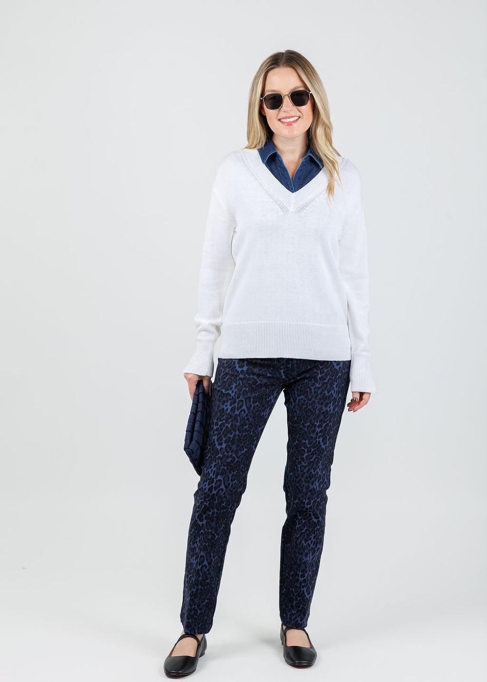 Hinson Wu Cameron Long Sleeve Sweater in Pearl paired with Elliott Lauren Wild Cat Pull-On Pants in Navy available at Barbara Katz