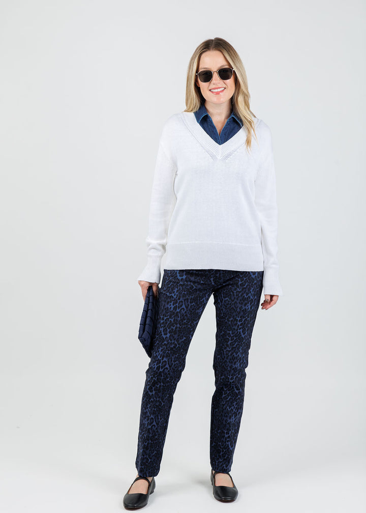 Hinson Wu Cameron Long Sleeve Sweater in Pearl paired with Elliott Lauren Wild Cat Pull-On Pants in Navy available at Barbara Katz