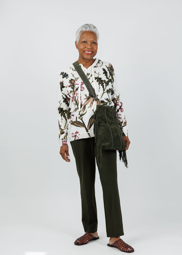 Elliott Lauren Wonderland Printed Hoodie in Multicolor paired with Peace of Cloth Annie 29" Paramount Knit Pants in Olive available at Barbara Katz